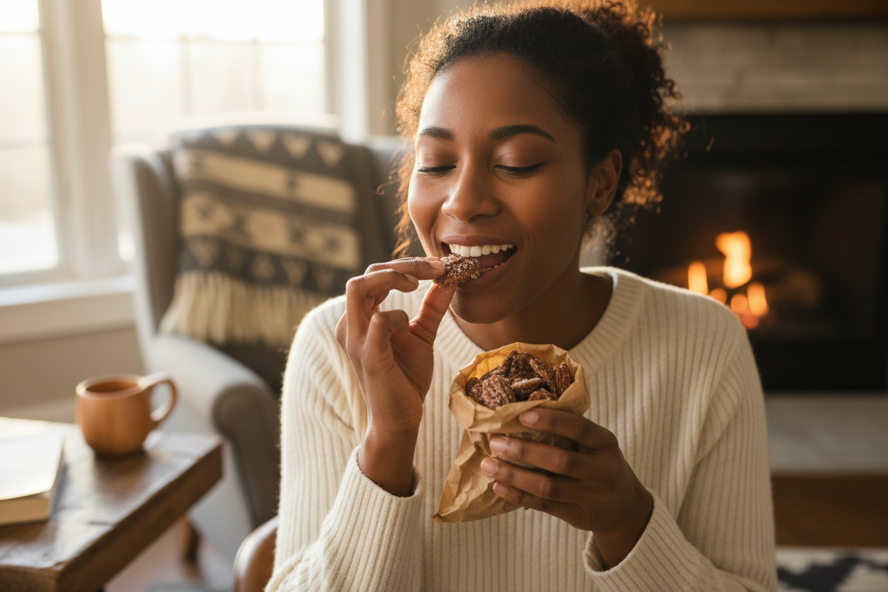 Black woman snaking on candied pecans 